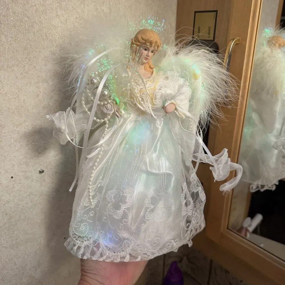 12 in White Light Up Fiber Optic Angel Christmas Tree Topper w power adapter